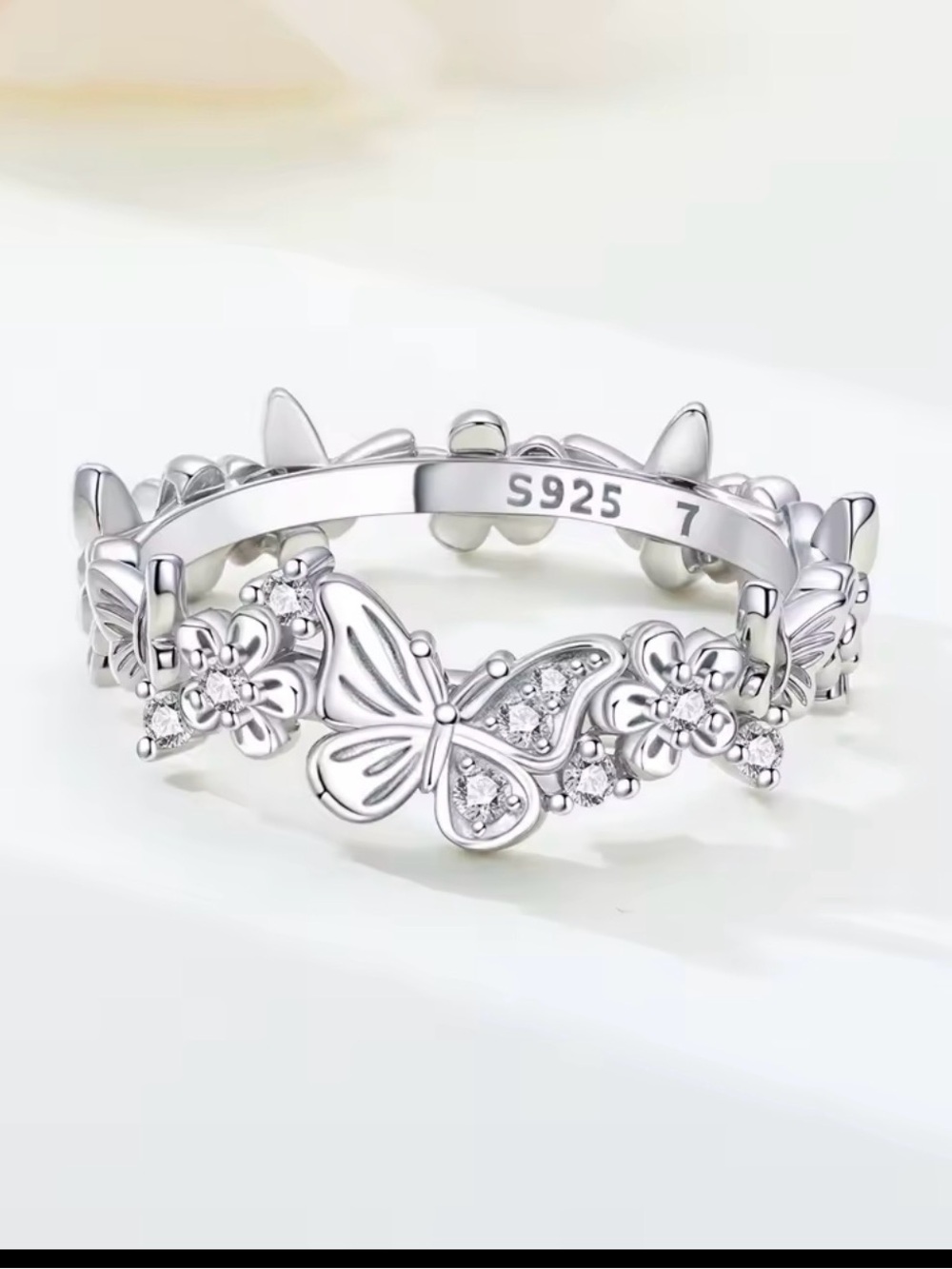 Sterling Butterfly & Floral Band Ring - Silver